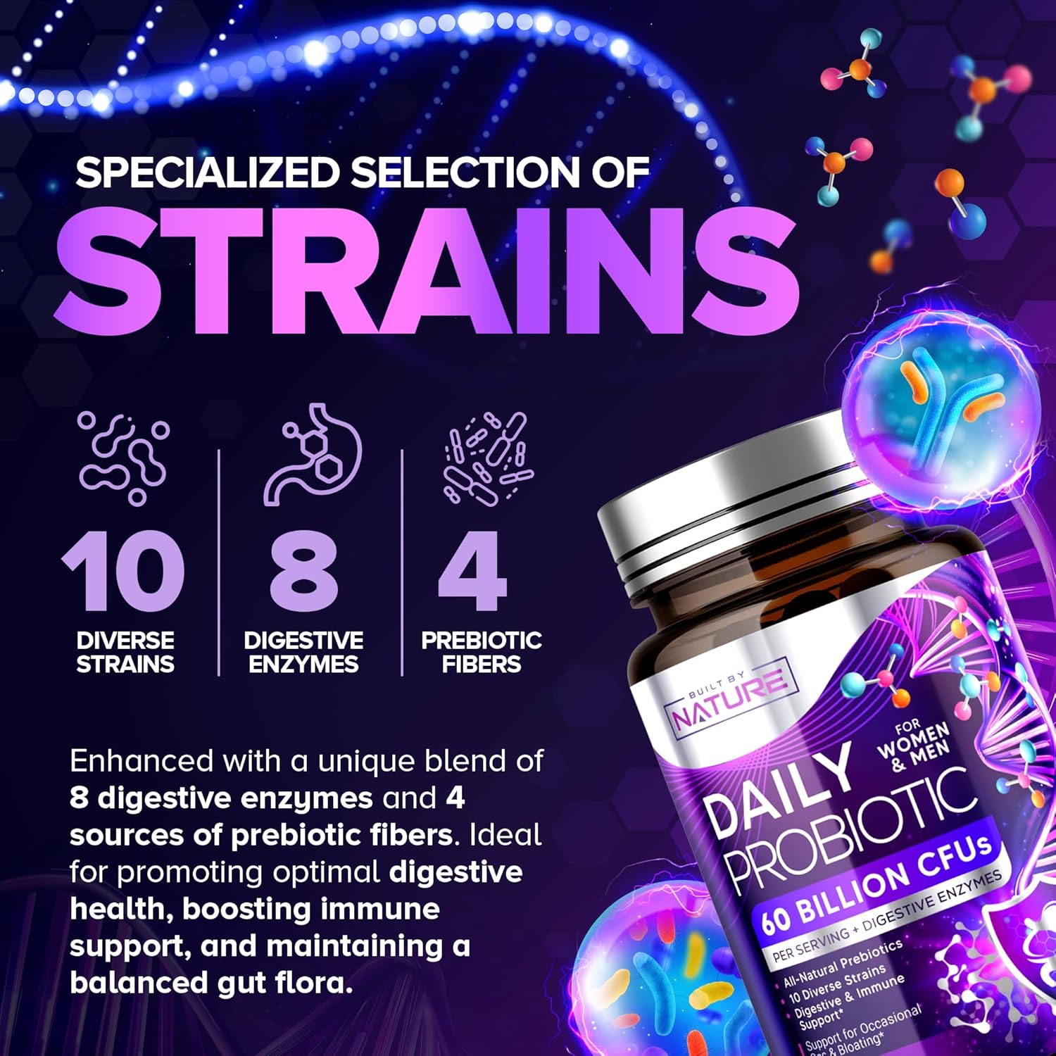 120 Capsules of Shelf Stable Probiotic with 60 Billion CFU, 10 Strains, Prebiotics, Digestive Enzymes for Men & Women - Supports Digestive & Immune Health, Reduces Gas & Bloating - Non-GMO