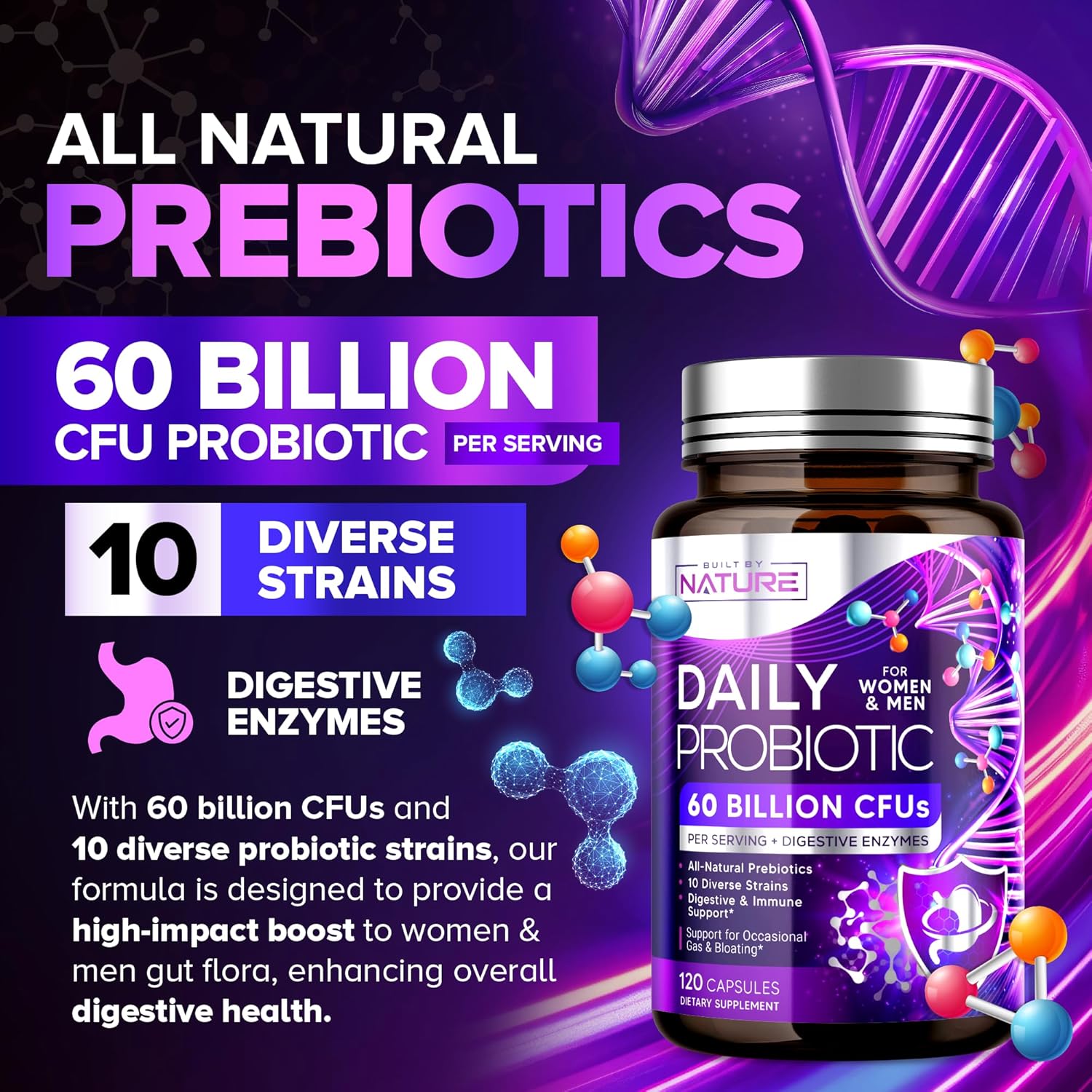 120 Capsules of Shelf Stable Probiotic with 60 Billion CFU, 10 Strains, Prebiotics, Digestive Enzymes for Men & Women - Supports Digestive & Immune Health, Reduces Gas & Bloating - Non-GMO