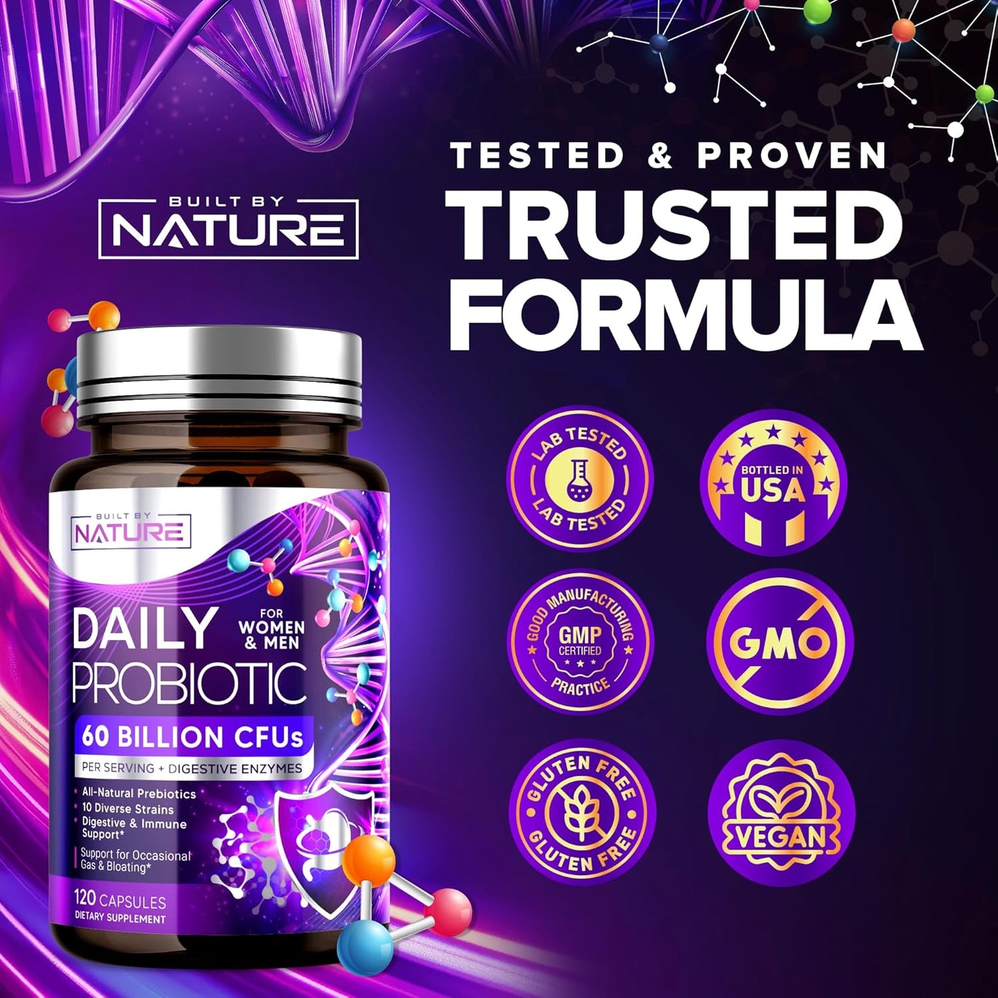 120 Capsules of Shelf Stable Probiotic with 60 Billion CFU, 10 Strains, Prebiotics, Digestive Enzymes for Men & Women - Supports Digestive & Immune Health, Reduces Gas & Bloating - Non-GMO