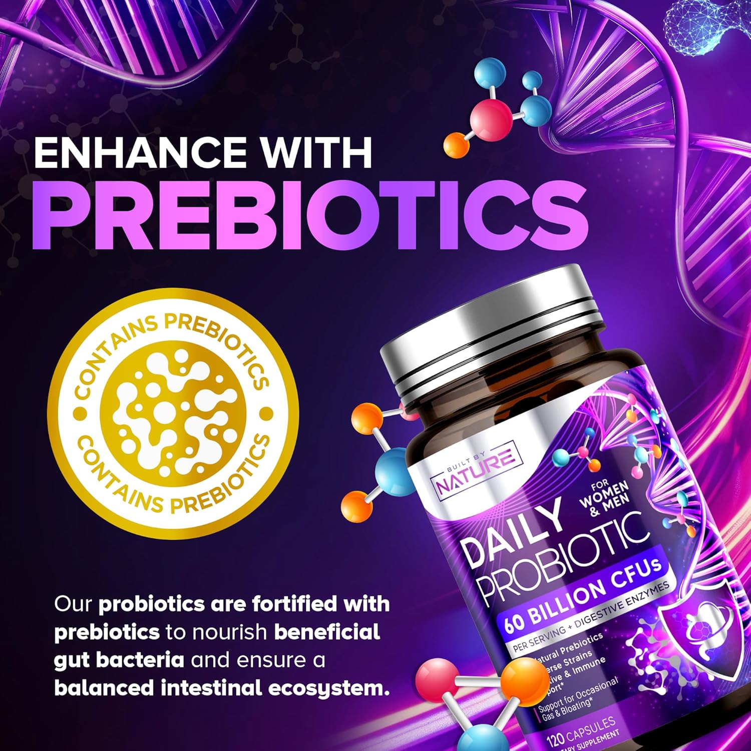 120 Capsules of Shelf Stable Probiotic with 60 Billion CFU, 10 Strains, Prebiotics, Digestive Enzymes for Men & Women - Supports Digestive & Immune Health, Reduces Gas & Bloating - Non-GMO