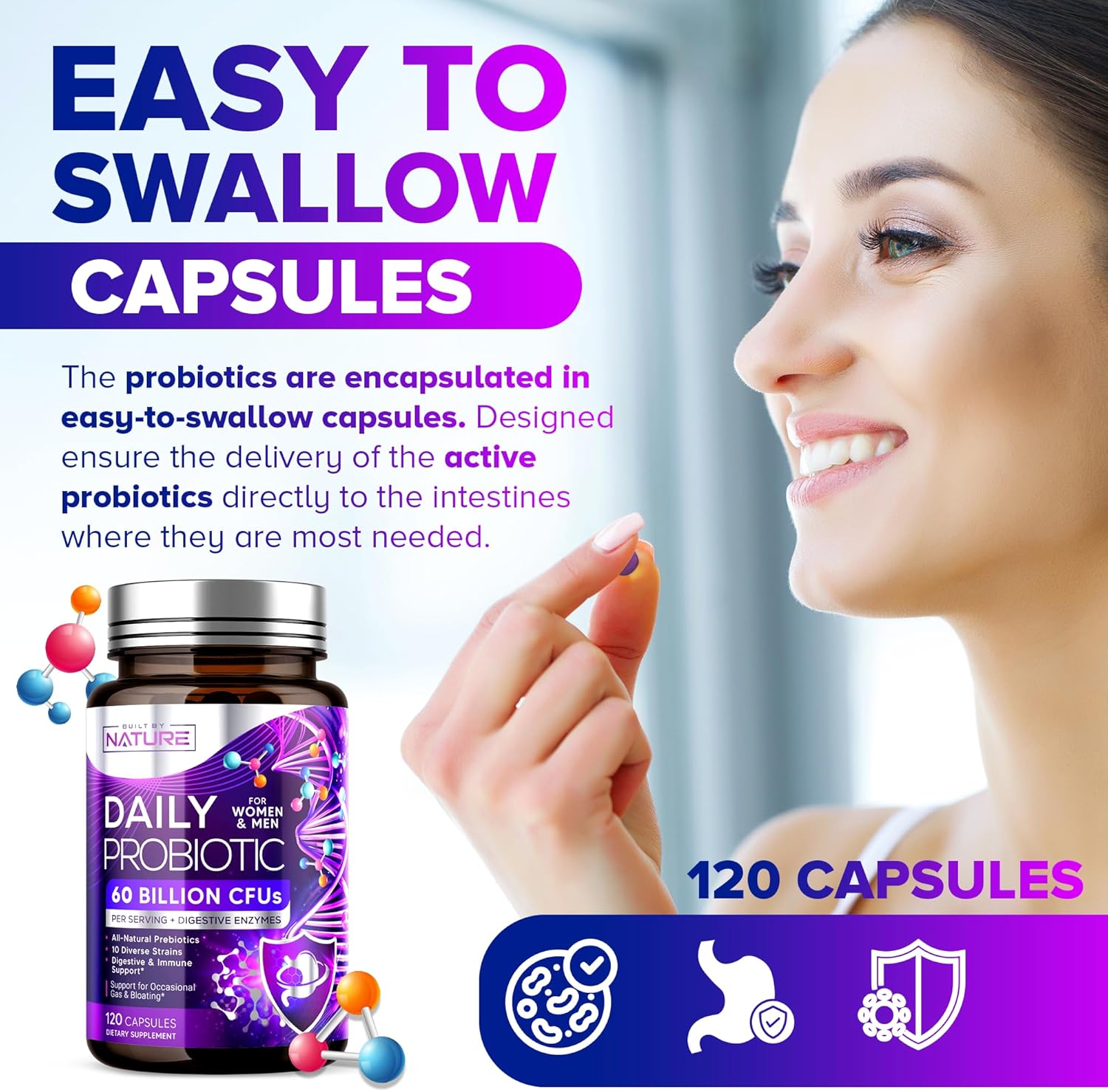 120 Capsules of Shelf Stable Probiotic with 60 Billion CFU, 10 Strains, Prebiotics, Digestive Enzymes for Men & Women - Supports Digestive & Immune Health, Reduces Gas & Bloating - Non-GMO