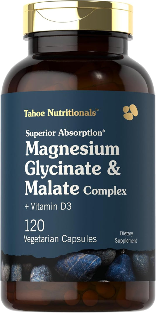 120 Capsules of Tahoe Nutritionals Magnesium Glycinate and Malate Complex with Vitamin D3 for Enhanced Absorption - Non-GMO & Gluten Free