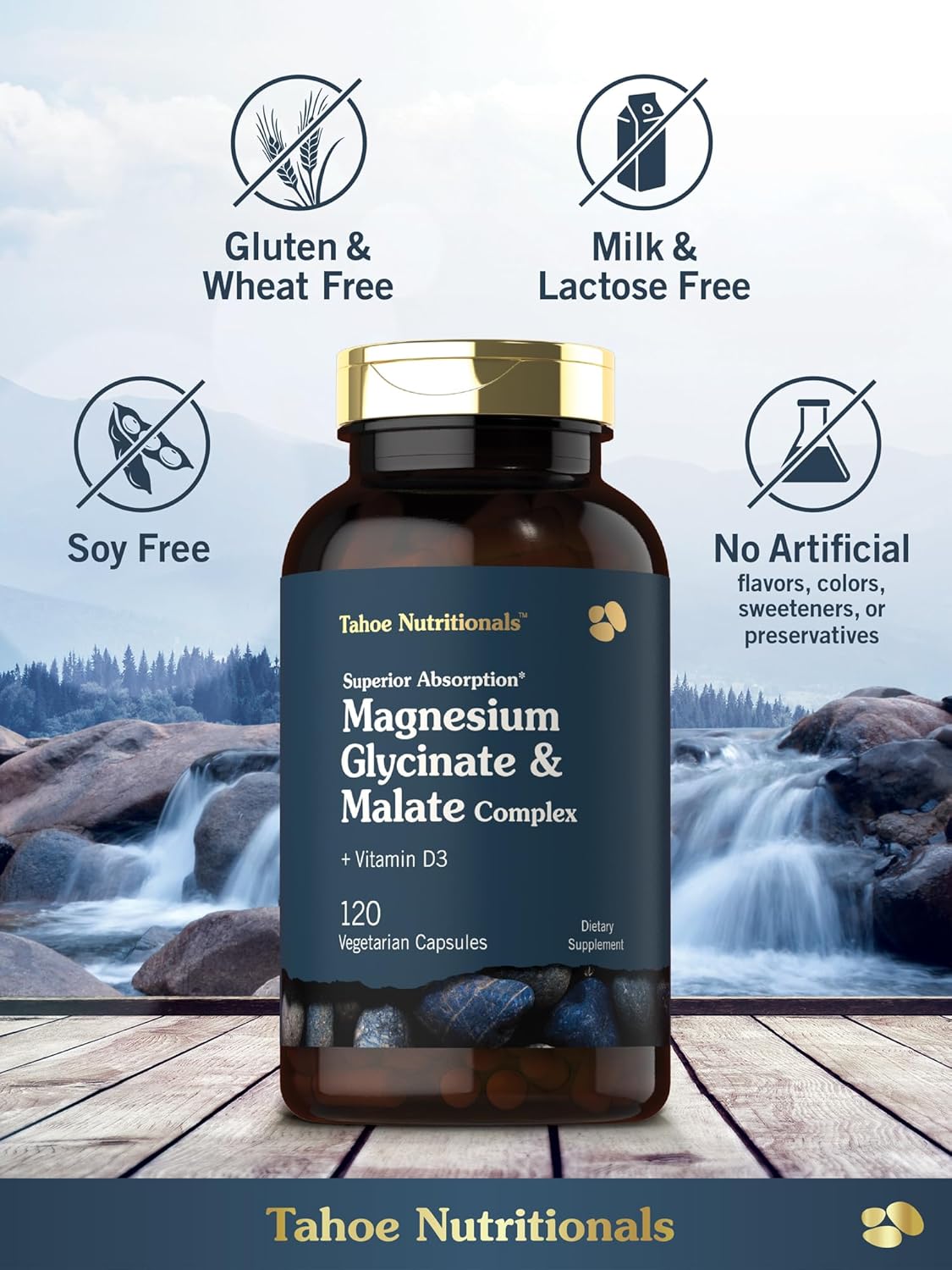 120 Capsules of Tahoe Nutritionals Magnesium Glycinate and Malate Complex with Vitamin D3 for Enhanced Absorption - Non-GMO & Gluten Free