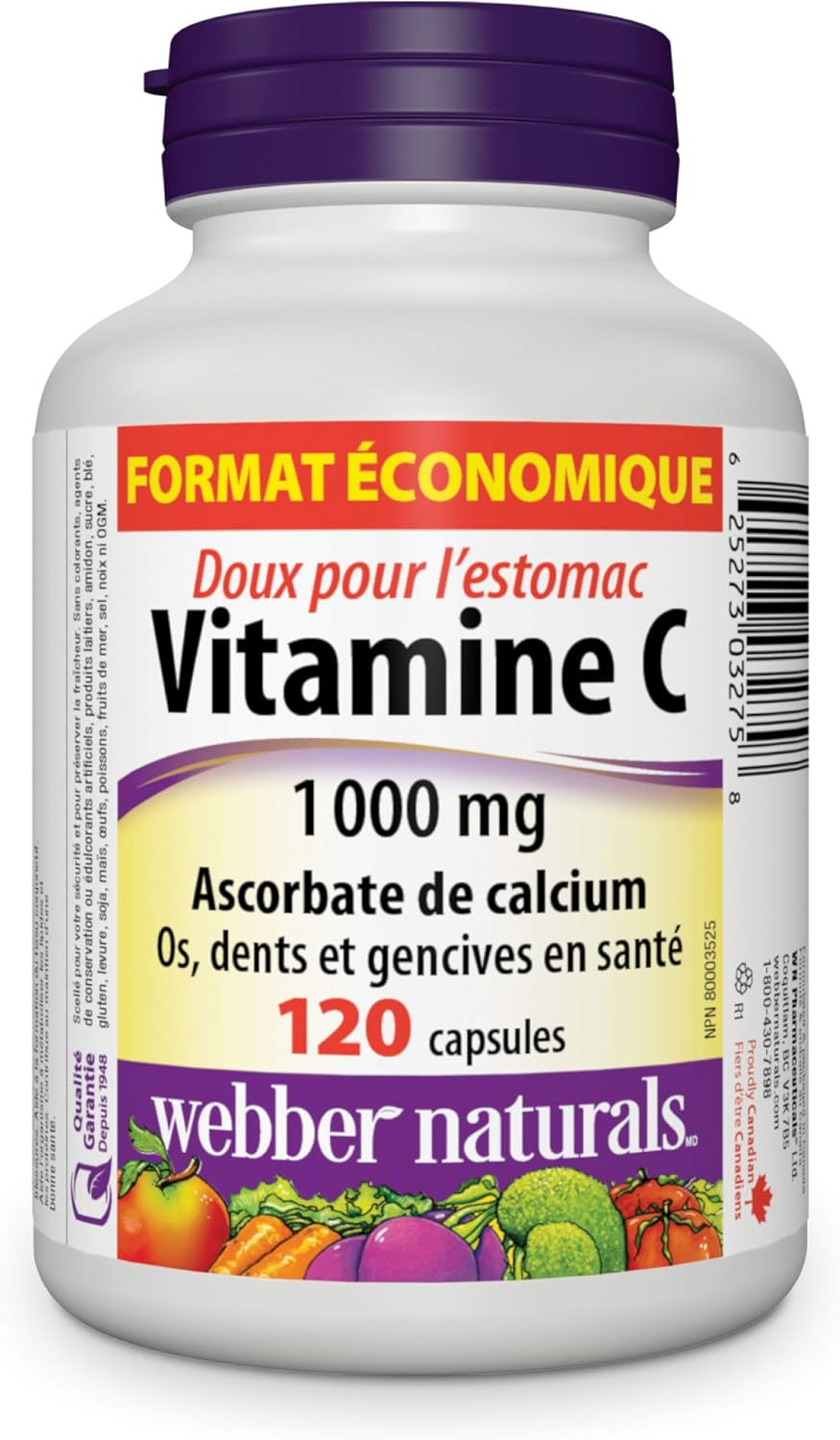 120 Capsules of Webber Naturals Vitamin C Calcium Ascorbate 1000 mg - Gentle on the Stomach