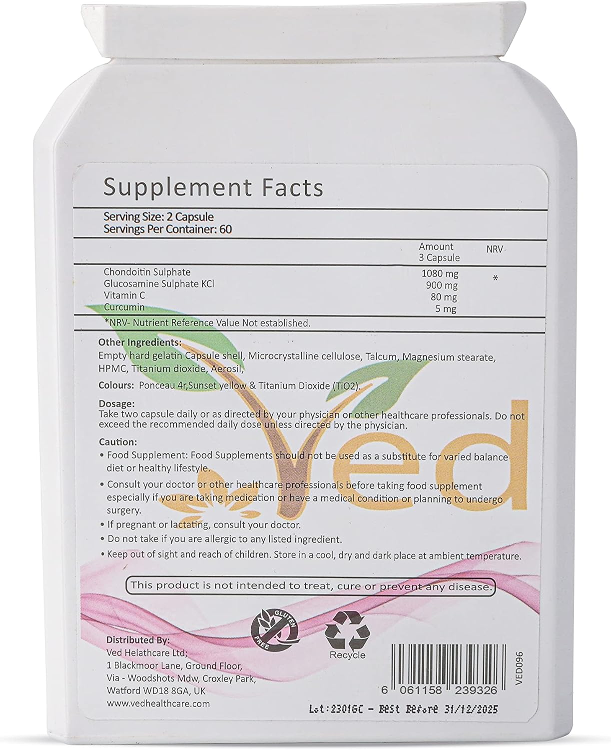 120 Capsules VED Joint Support Supplement with Glucosamine, Chondroitin, Turmeric, and Vitamin C - Non-GMO, Gluten Free - 60 Day Supply