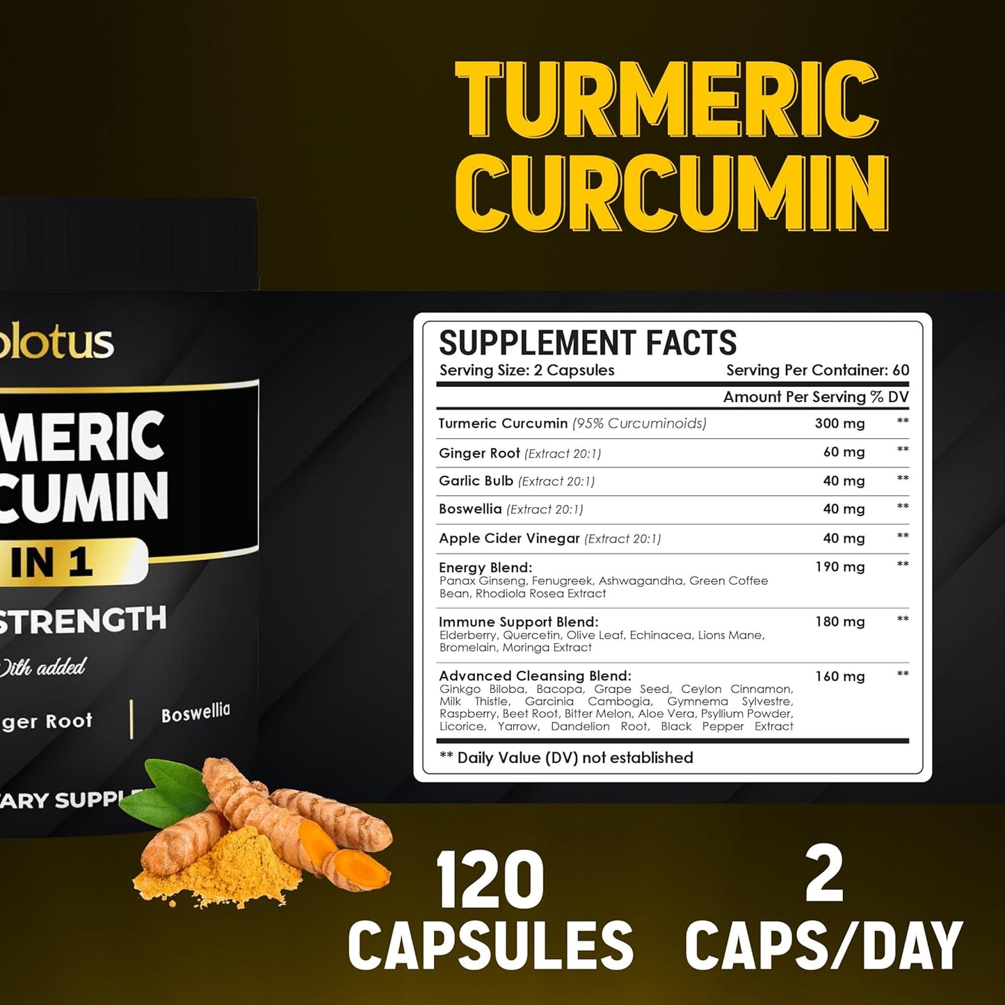 120 Capsules Zolotus Turmeric Curcumin with Ginger, Ginseng, Bromelain, Moringa, Black Pepper - Joint & Absorption Support, 95% Curcuminoids - BoostGo Australia