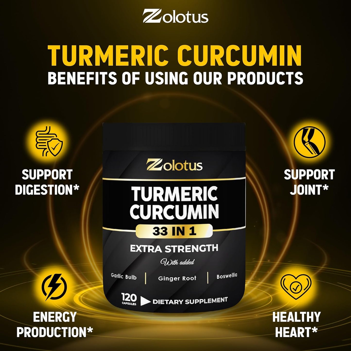 120 Capsules Zolotus Turmeric Curcumin with Ginger, Ginseng, Bromelain, Moringa, Black Pepper - Joint & Absorption Support, 95% Curcuminoids - BoostGo Australia