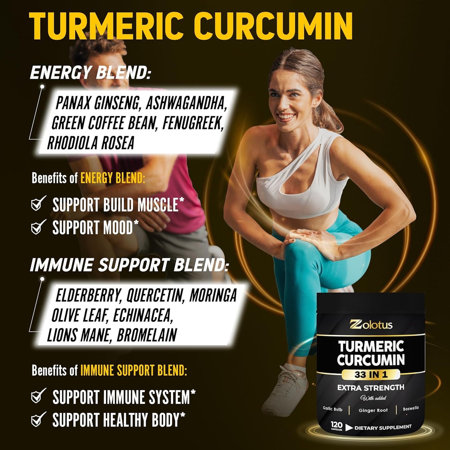 120 Capsules Zolotus Turmeric Curcumin with Ginger, Ginseng, Bromelain, Moringa, Black Pepper - Joint & Absorption Support, 95% Curcuminoids - BoostGo Australia