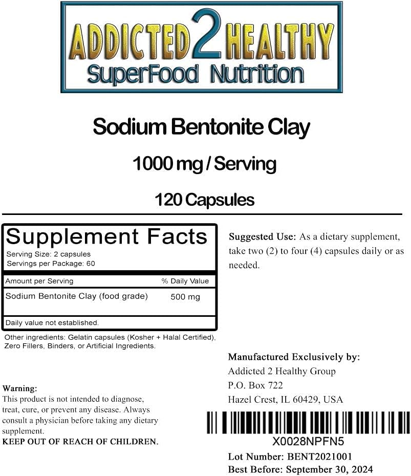 120 Count Addicted 2 Healthy Food Grade Sodium Bentonite Clay Powder Capsules (1000 mg)