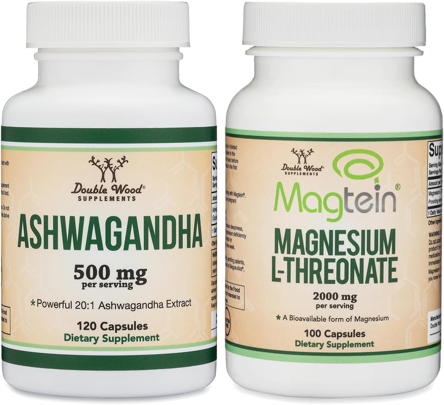120 Count Ashwagandha 500mg & Magnesium L-Threonate 2000mg Supplements by Double Wood