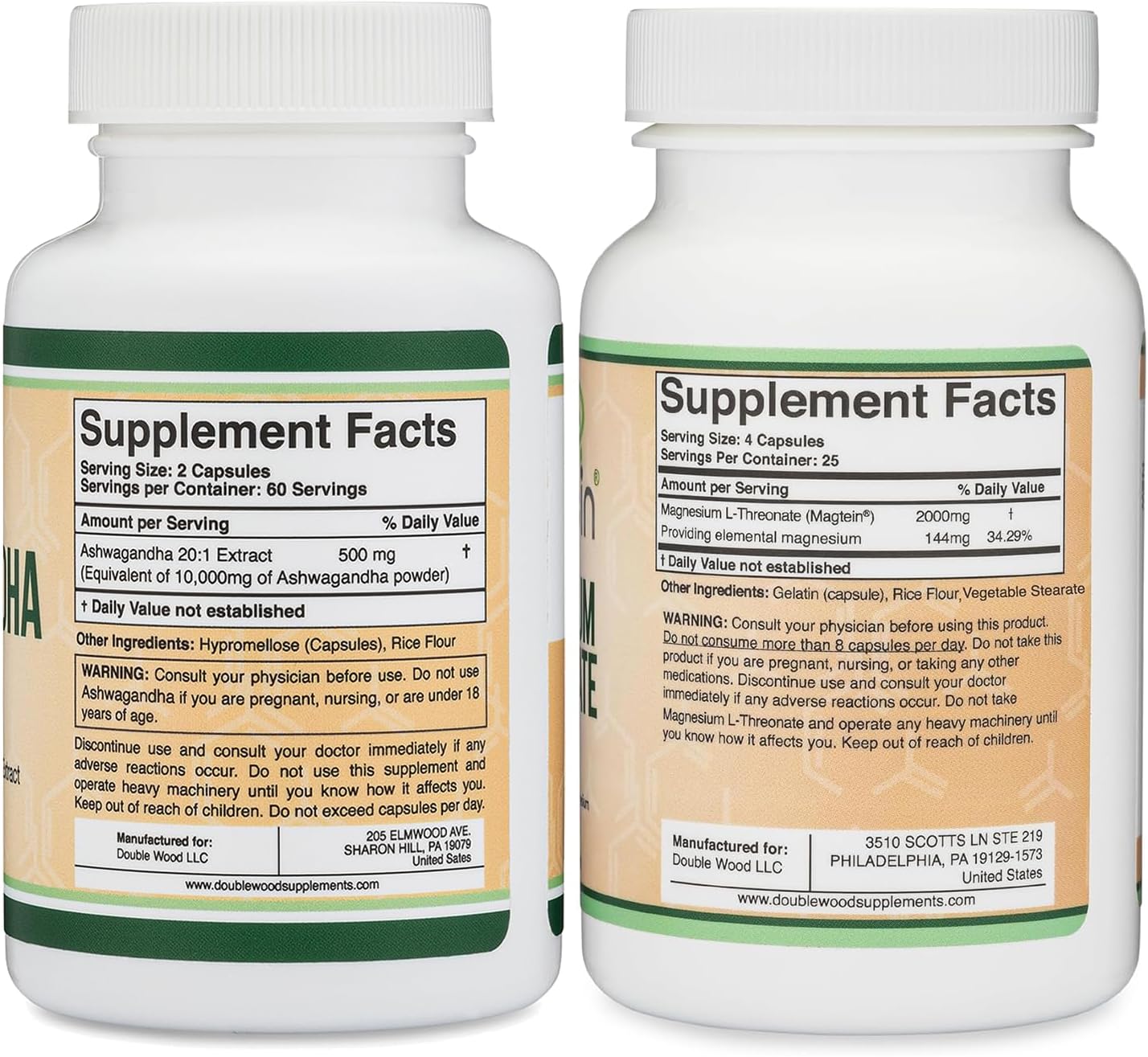 120 Count Ashwagandha 500mg & Magnesium L-Threonate 2000mg Supplements by Double Wood