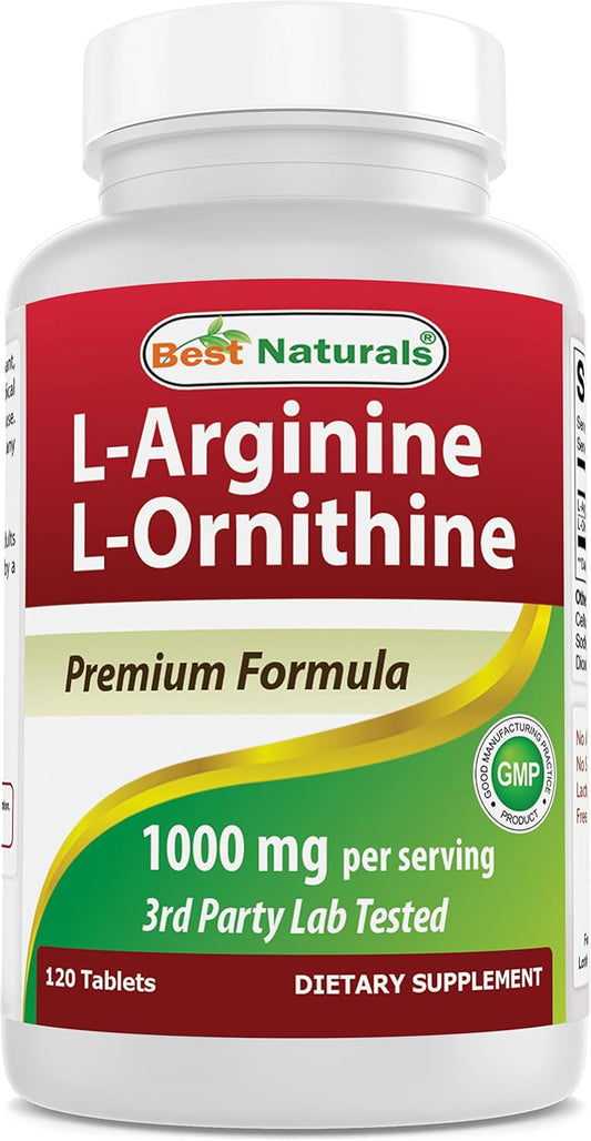 120 Count Best Naturals L-Arginine L-Ornithine Tablets - 1000mg per Serving - Non-GMO & Gluten Free Supplement Pack