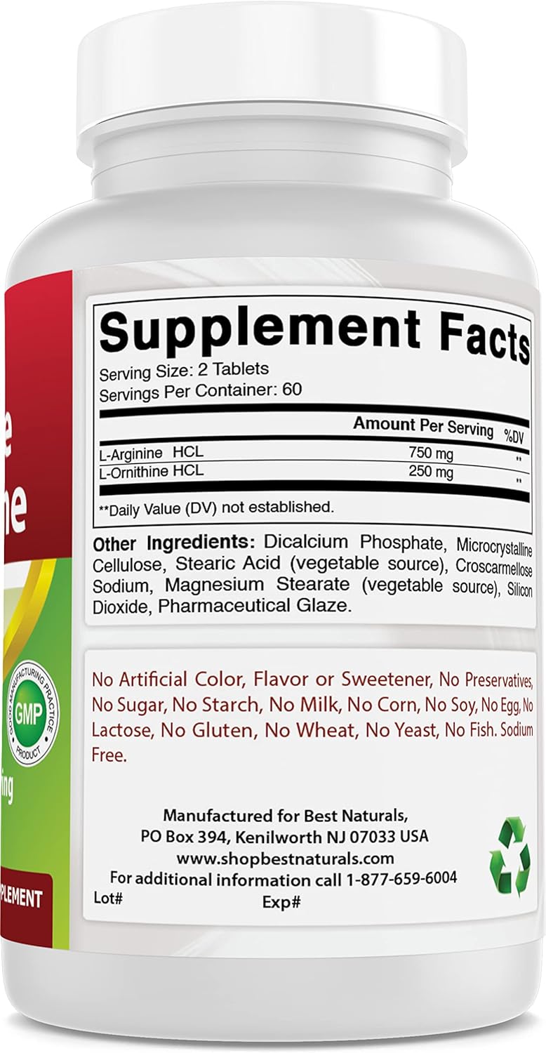 120 Count Best Naturals L-Arginine L-Ornithine Tablets - 1000mg per Serving - Non-GMO & Gluten Free Supplement Pack
