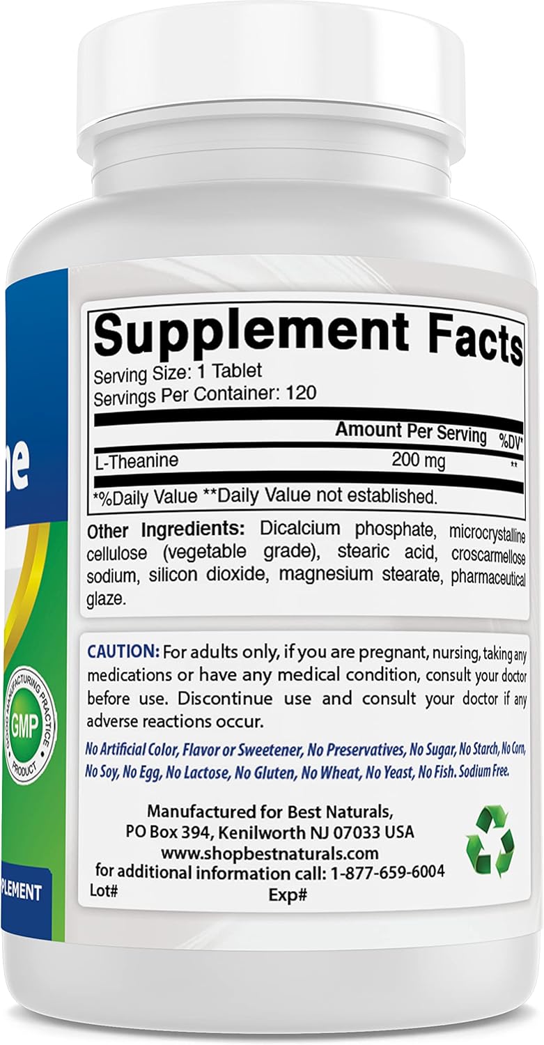 120 Count Best Naturals L-Theanine 200mg Tablets - Promotes Relaxation, Non-Drowsy, Vegetarian Formula - 400mg Per 2 Tablets - Pack of 1