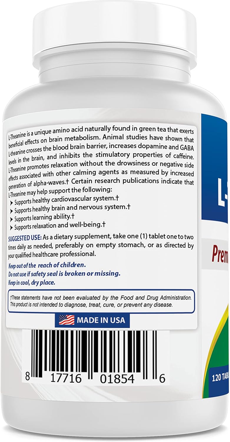 120 Count Best Naturals L-Theanine 200mg Tablets - Promotes Relaxation, Non-Drowsy, Vegetarian Formula - 400mg Per 2 Tablets - Pack of 1