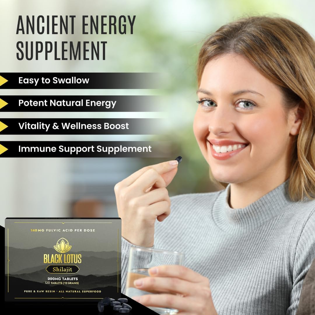 120 Count Black Lotus Shilajit Resin Tablets - 100% Pure Natural Shilajit for Immune Support, Focus, Energy - 200mg Each, with Amino Acids, Fulvic Acid, Trace Minerals for Men & Women