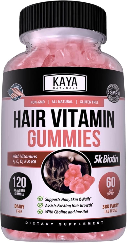 120 Count Blueberry Flavor Biotin Hair Growth Gummies by Kaya Naturals - Vitamins for Healthy Hair, Skin, & Nails - Beauty Supplement for Men & Women