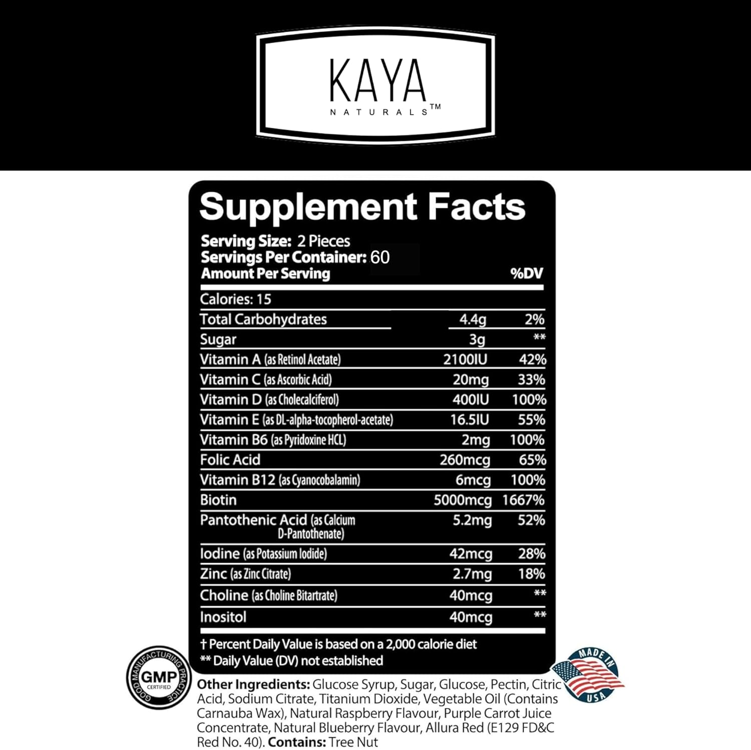 120 Count Blueberry Flavor Biotin Hair Growth Gummies by Kaya Naturals - Vitamins for Healthy Hair, Skin, & Nails - Beauty Supplement for Men & Women