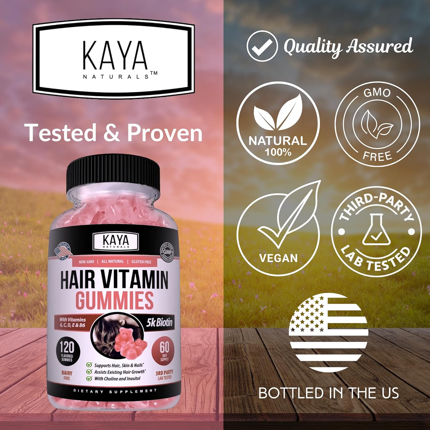 120 Count Blueberry Flavor Biotin Hair Growth Gummies by Kaya Naturals - Vitamins for Healthy Hair, Skin, & Nails - Beauty Supplement for Men & Women