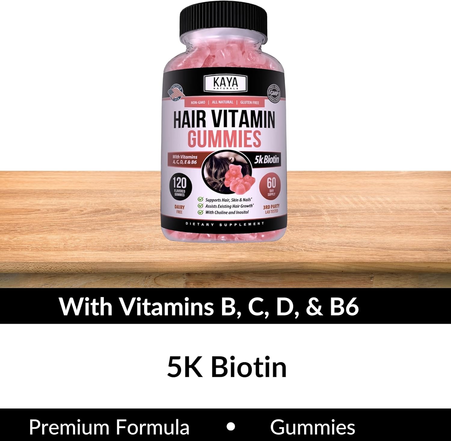 120 Count Blueberry Flavor Biotin Hair Growth Gummies by Kaya Naturals - Vitamins for Healthy Hair, Skin, & Nails - Beauty Supplement for Men & Women