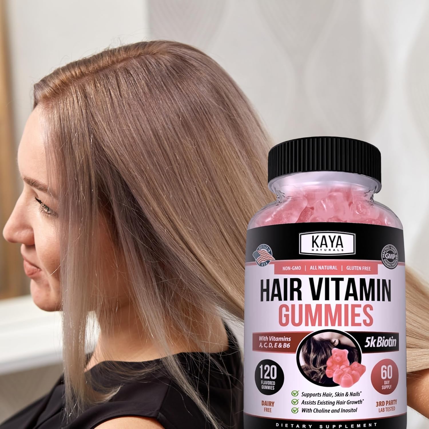 120 Count Blueberry Flavor Biotin Hair Growth Gummies by Kaya Naturals - Vitamins for Healthy Hair, Skin, & Nails - Beauty Supplement for Men & Women