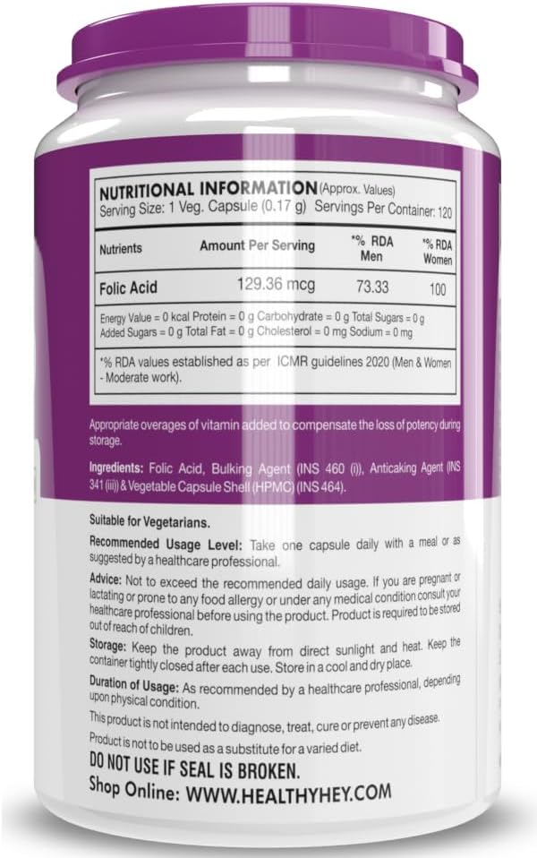 120 Count Folic Acid Vegetarian Capsules for Daily Health Support