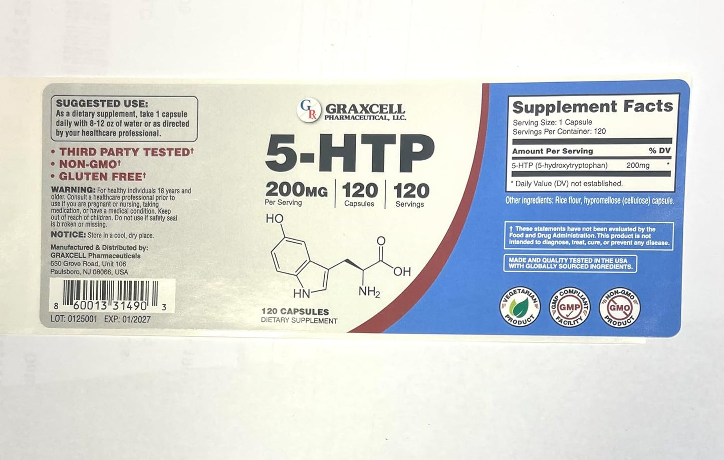 120 Count GRAXCELL 5-HTP Vegetarian Capsules - 200 mg for Natural Mood Support and Stress Relief