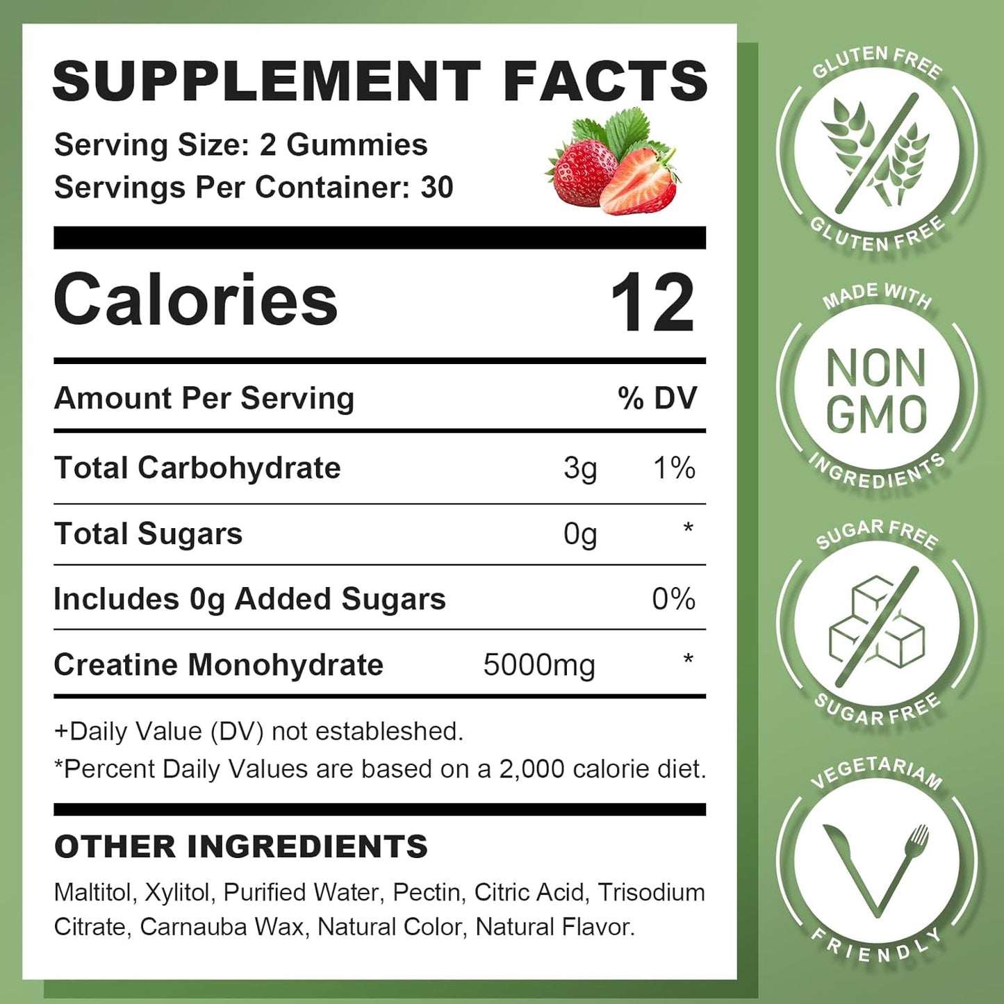 120 Count GrnLife Creatine Monohydrate Gummies for Muscle Strength, Energy Boost - Men & Women, Vegan Chewables, Strawberry Flavor, Sugar Free