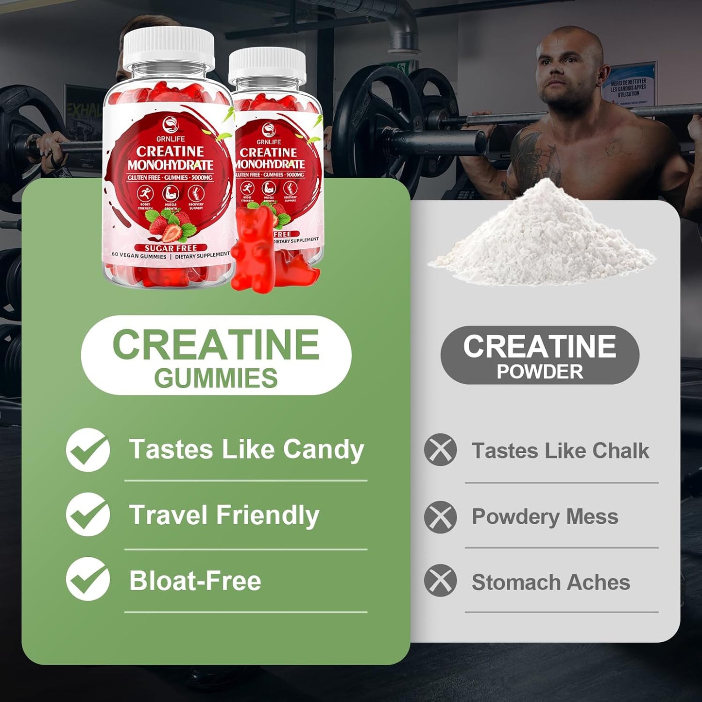 120 Count GrnLife Creatine Monohydrate Gummies for Muscle Strength, Energy Boost - Men & Women, Vegan Chewables, Strawberry Flavor, Sugar Free