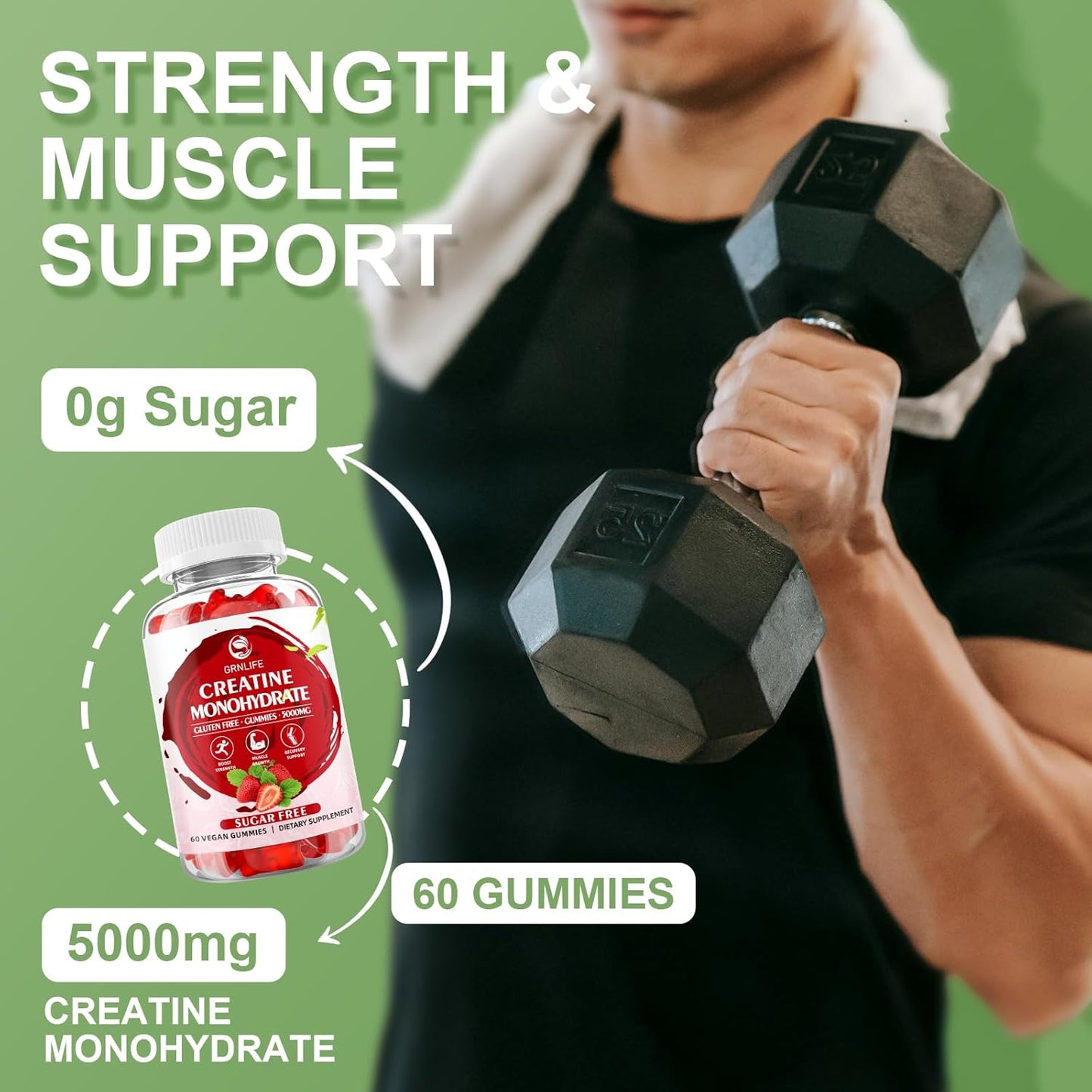 120 Count GrnLife Creatine Monohydrate Gummies for Muscle Strength, Energy Boost - Men & Women, Vegan Chewables, Strawberry Flavor, Sugar Free