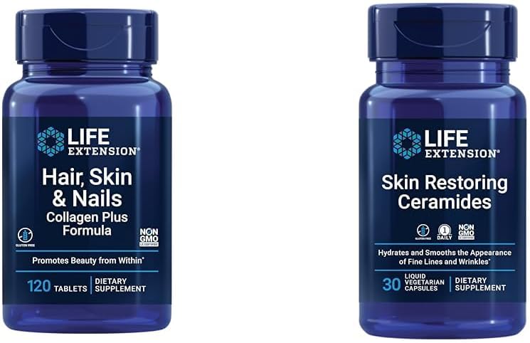 120 Count Hair, Skin & Nails Collagen Plus Formula with 30 Liquid Vegetarian Capsules of Skin Restoring Ceramides