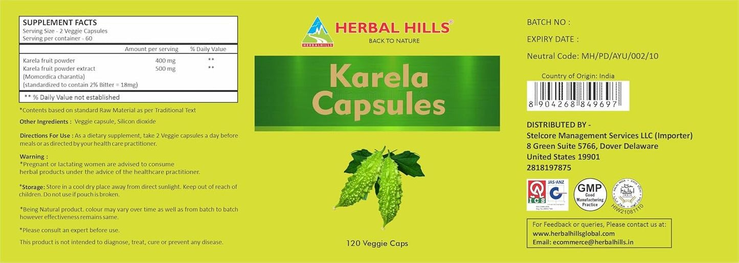 120 Count Herbal Hills Bitter Melon Capsules for Eye and Skin Health - 900 mg (Momordica Charantia)