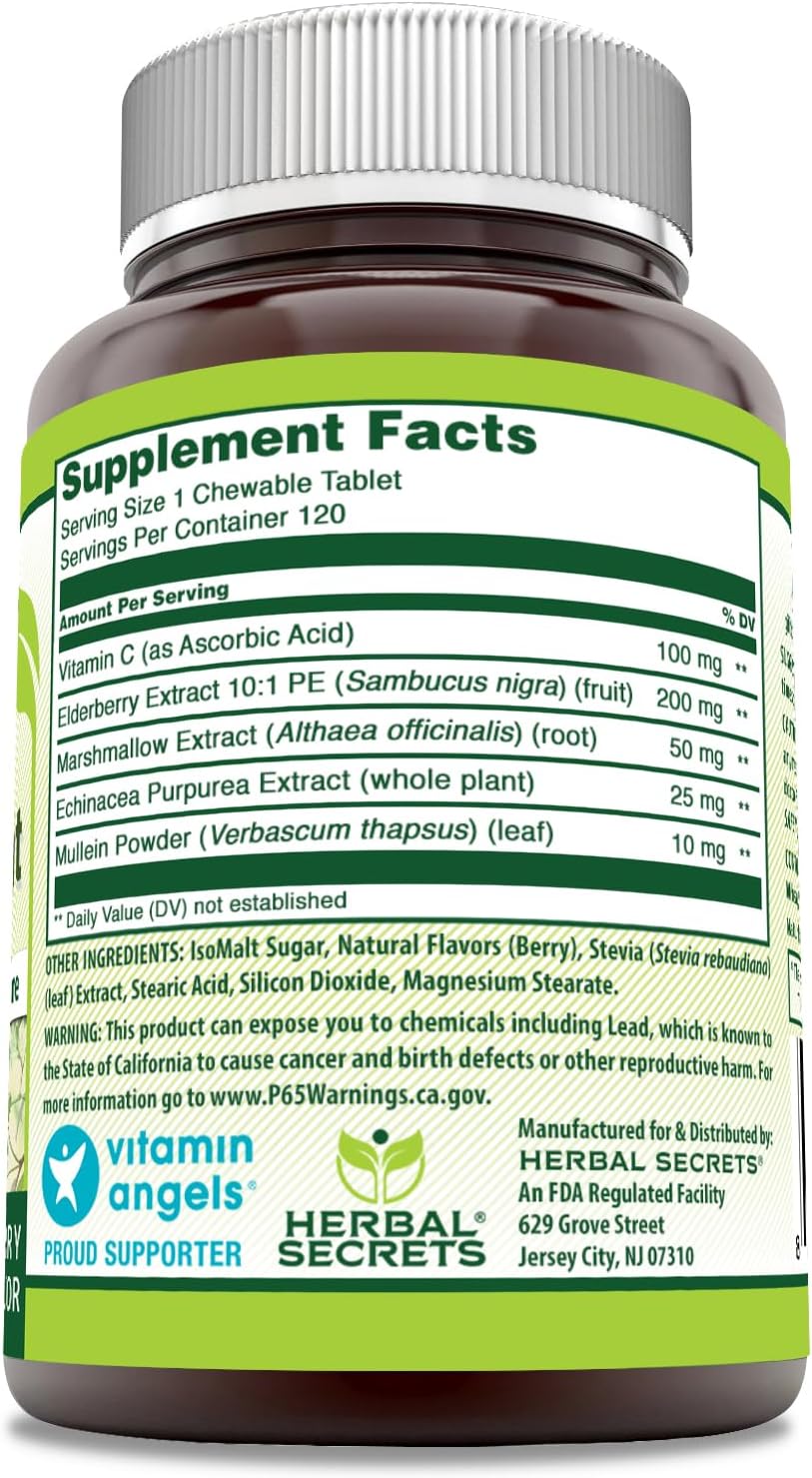 120 Count Herbal Secrets Immune Support Chewable Tablets with Vitamin C & Elderberry - Berry Flavor - Non-GMO & Gluten-Free - Made in USA