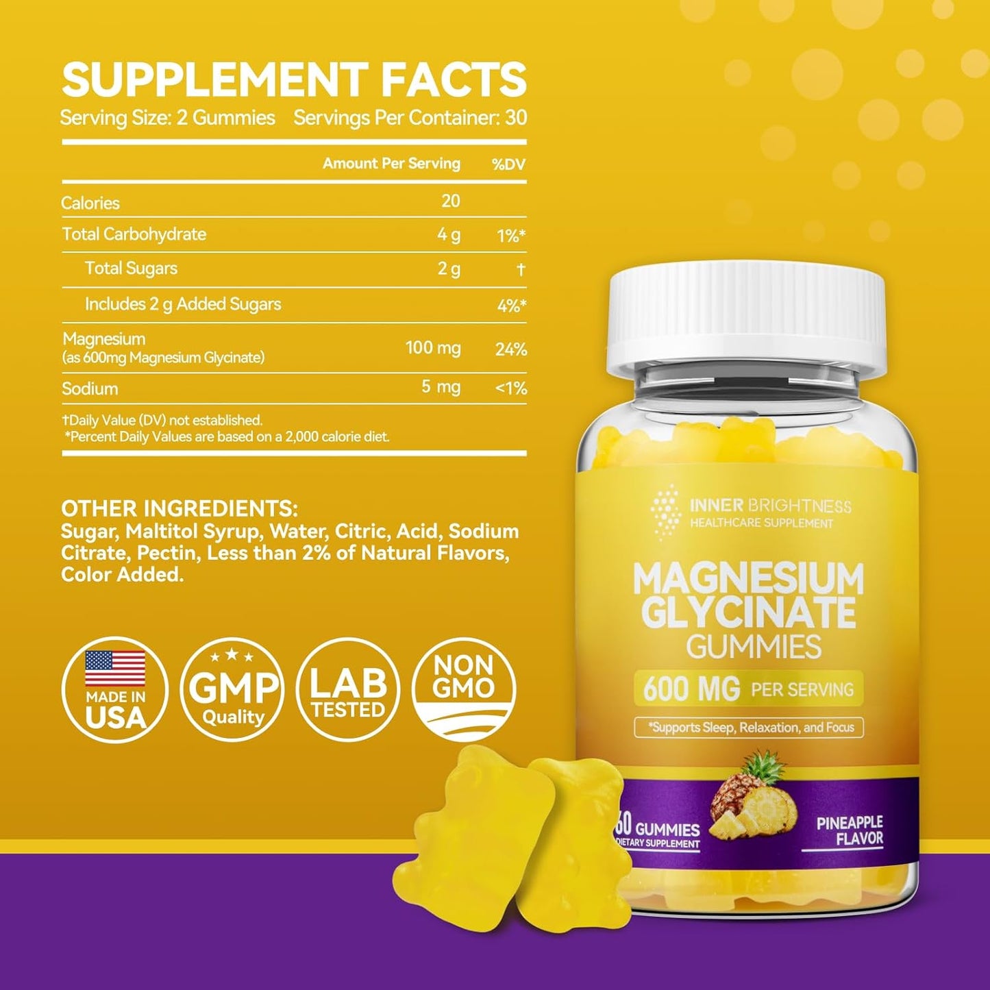 120 Count Inner Brightness Magnesium Glycinate Gummies - Mixed Berry & Pineapple Flavors for Adults - Non-GMO & Gluten-Free - Promotes Sleep, Relaxation, and Focus