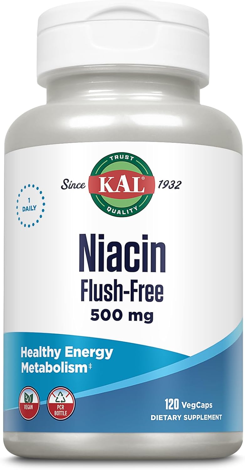 120 Count KAL Niacin Flush-Free Capsules 500 Mg - High Strength Vitamin B3 Supplement