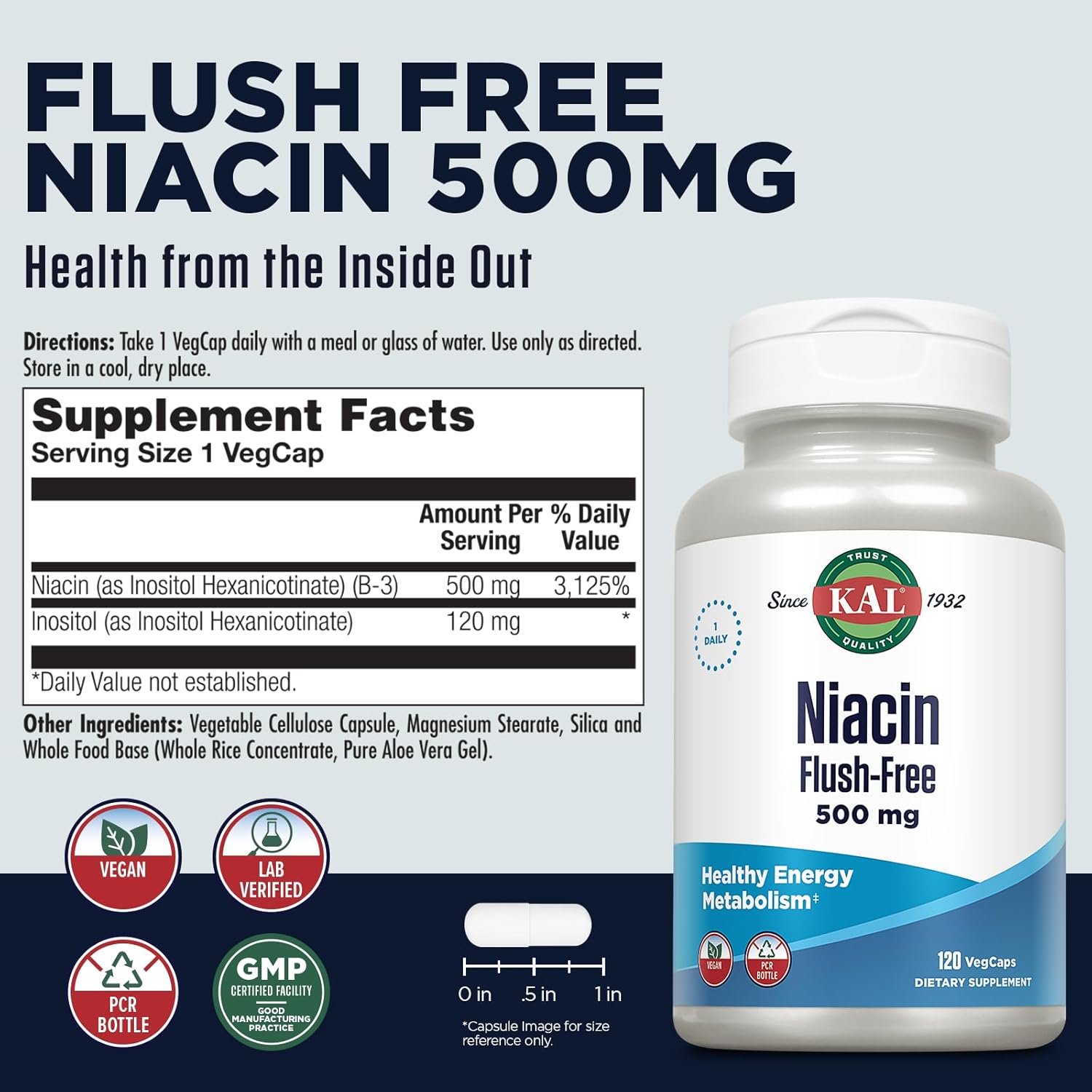 120 Count KAL Niacin Flush-Free Capsules 500 Mg - High Strength Vitamin B3 Supplement