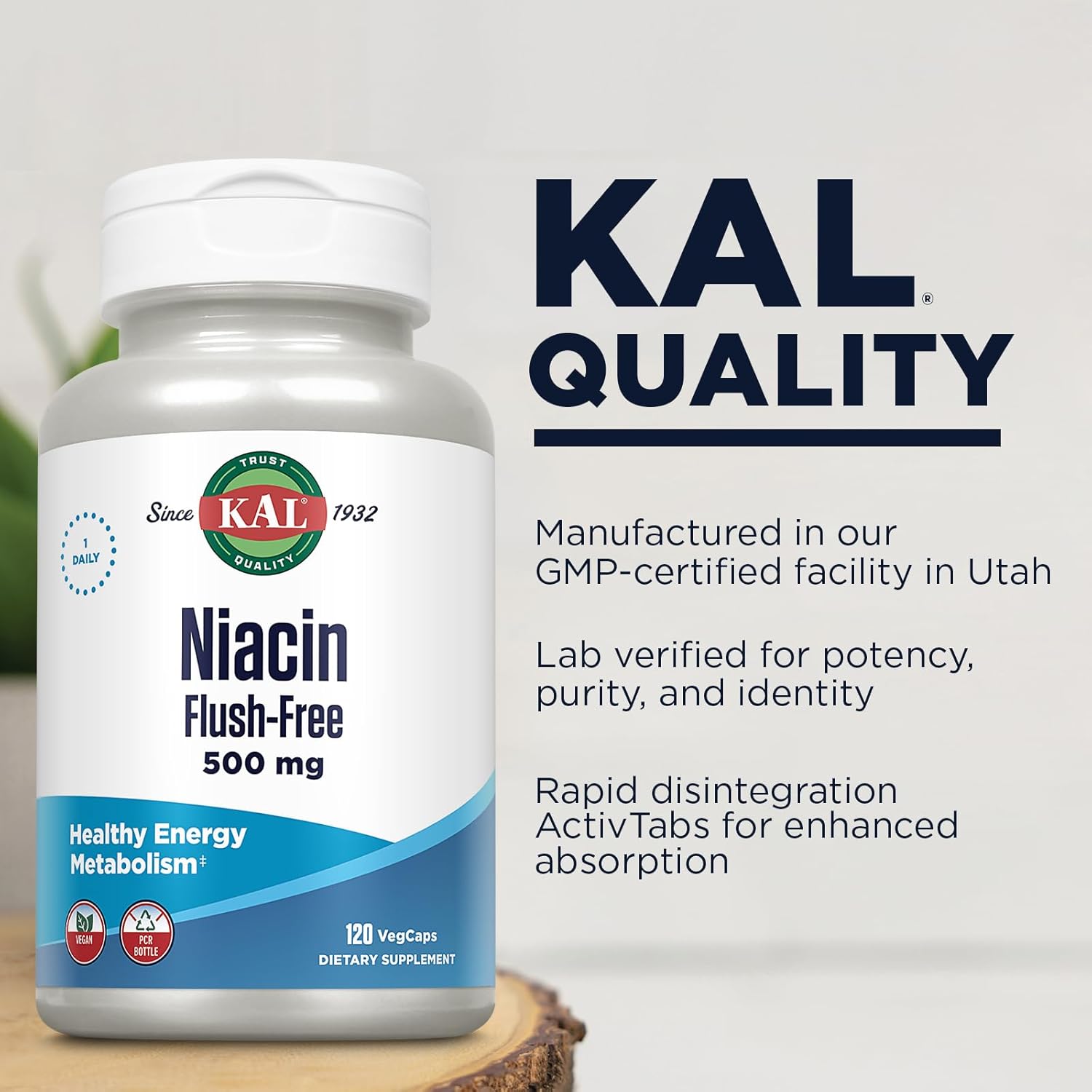 120 Count KAL Niacin Flush-Free Capsules 500 Mg - High Strength Vitamin B3 Supplement