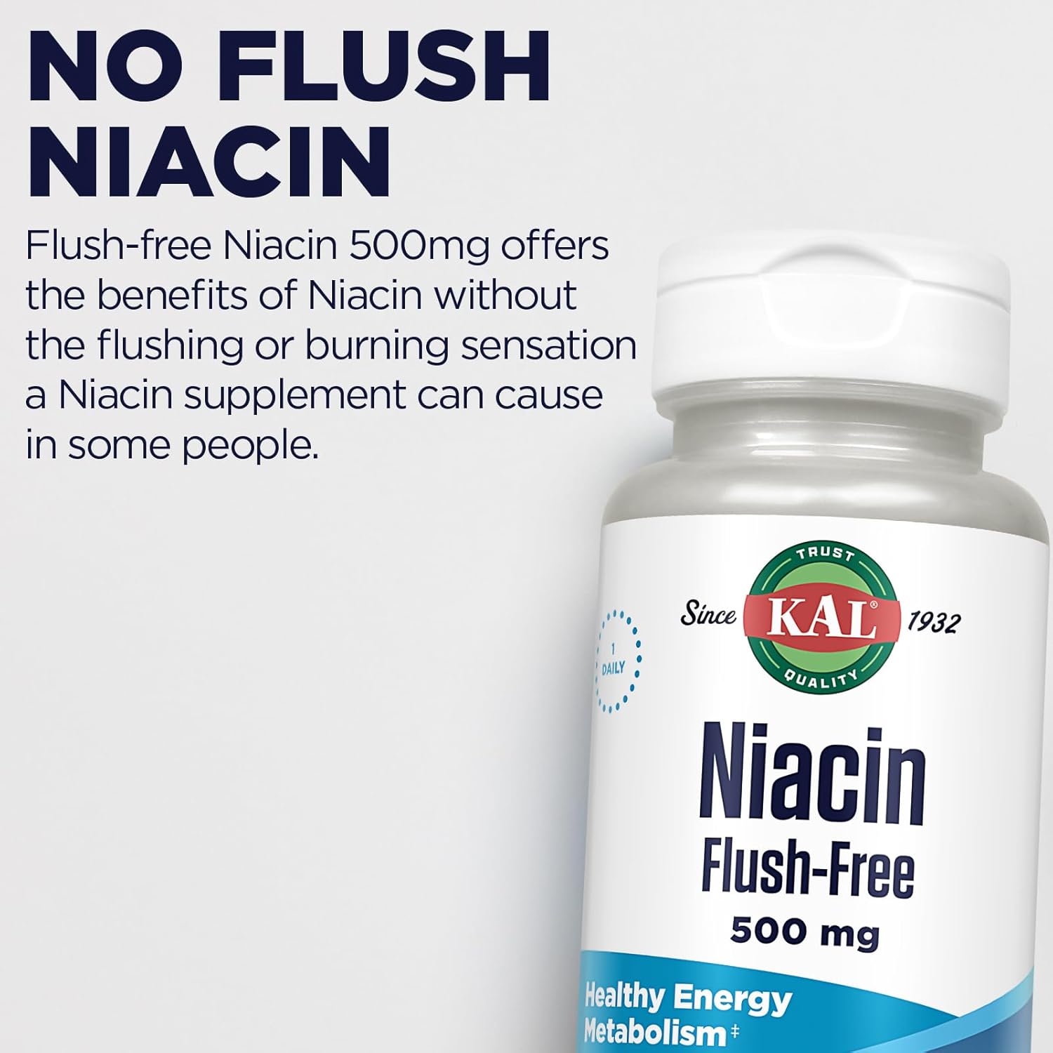 120 Count KAL Niacin Flush-Free Capsules 500 Mg - High Strength Vitamin B3 Supplement