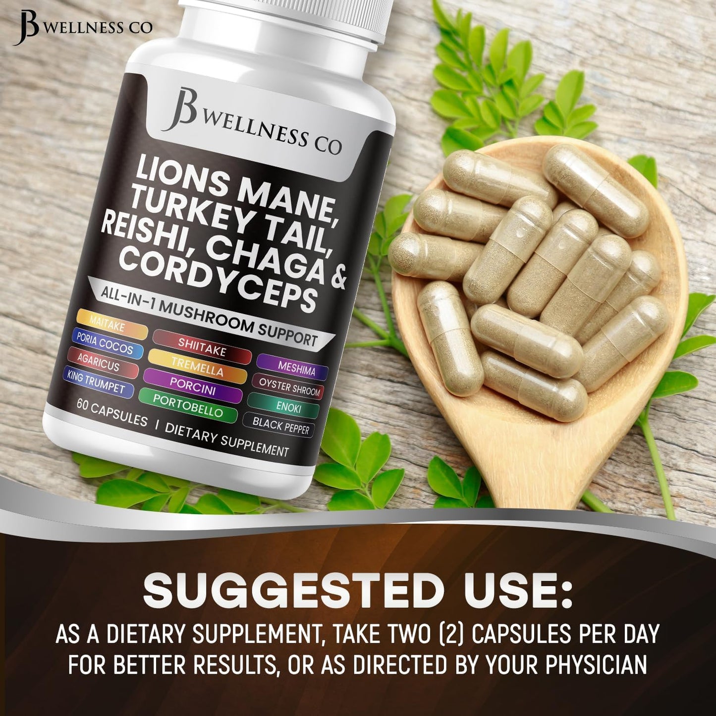 120 Count Lions Mane & Mushroom Supplement for Cognitive & Immune Support with Reishi, Cordyceps, Chaga, Marshmallow Root by JB Wellness Co