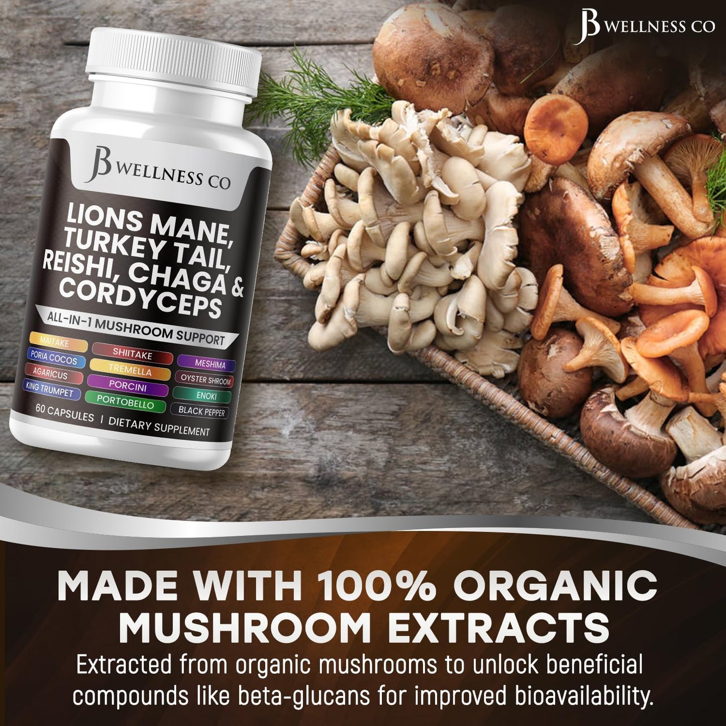 120 Count Lions Mane & Mushroom Supplement for Cognitive & Immune Support with Reishi, Cordyceps, Chaga, Marshmallow Root by JB Wellness Co