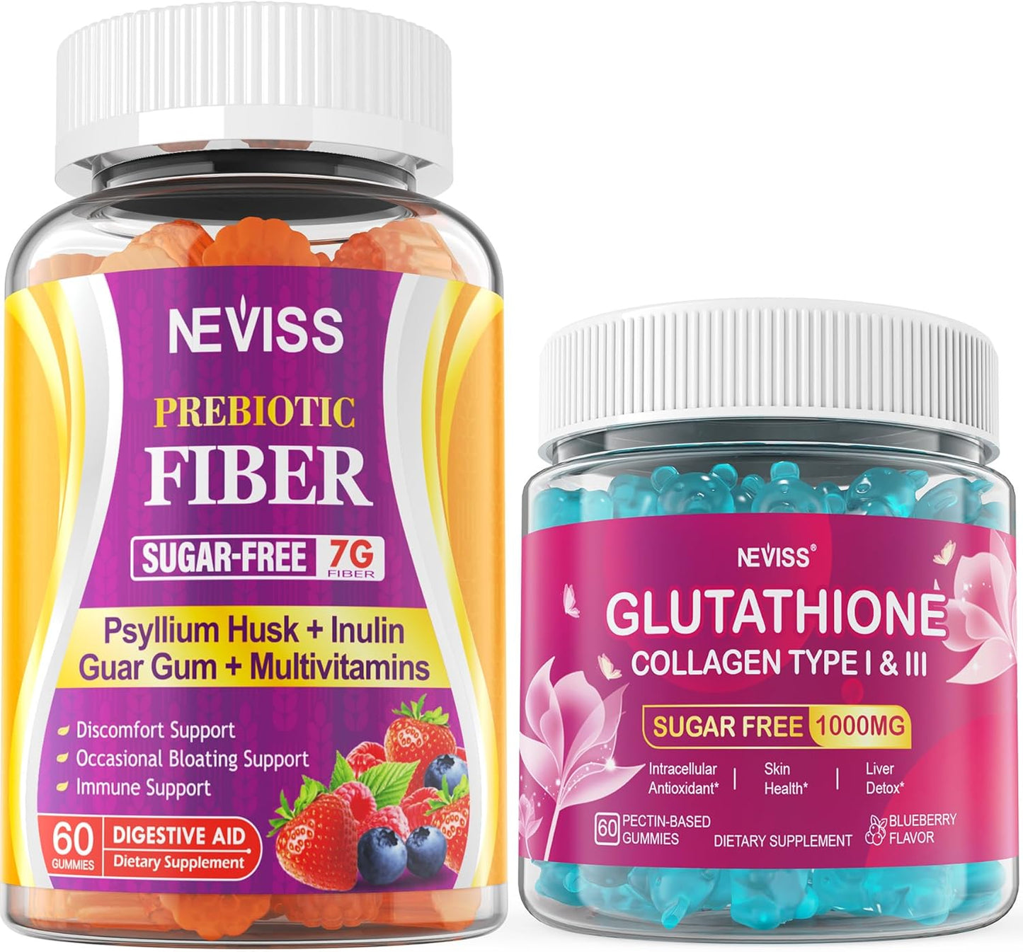 120 Count NEVISS Prebiotics Fiber Gummies + 60 Count Glutathione Gummies: Gut Health and Antioxidant Support