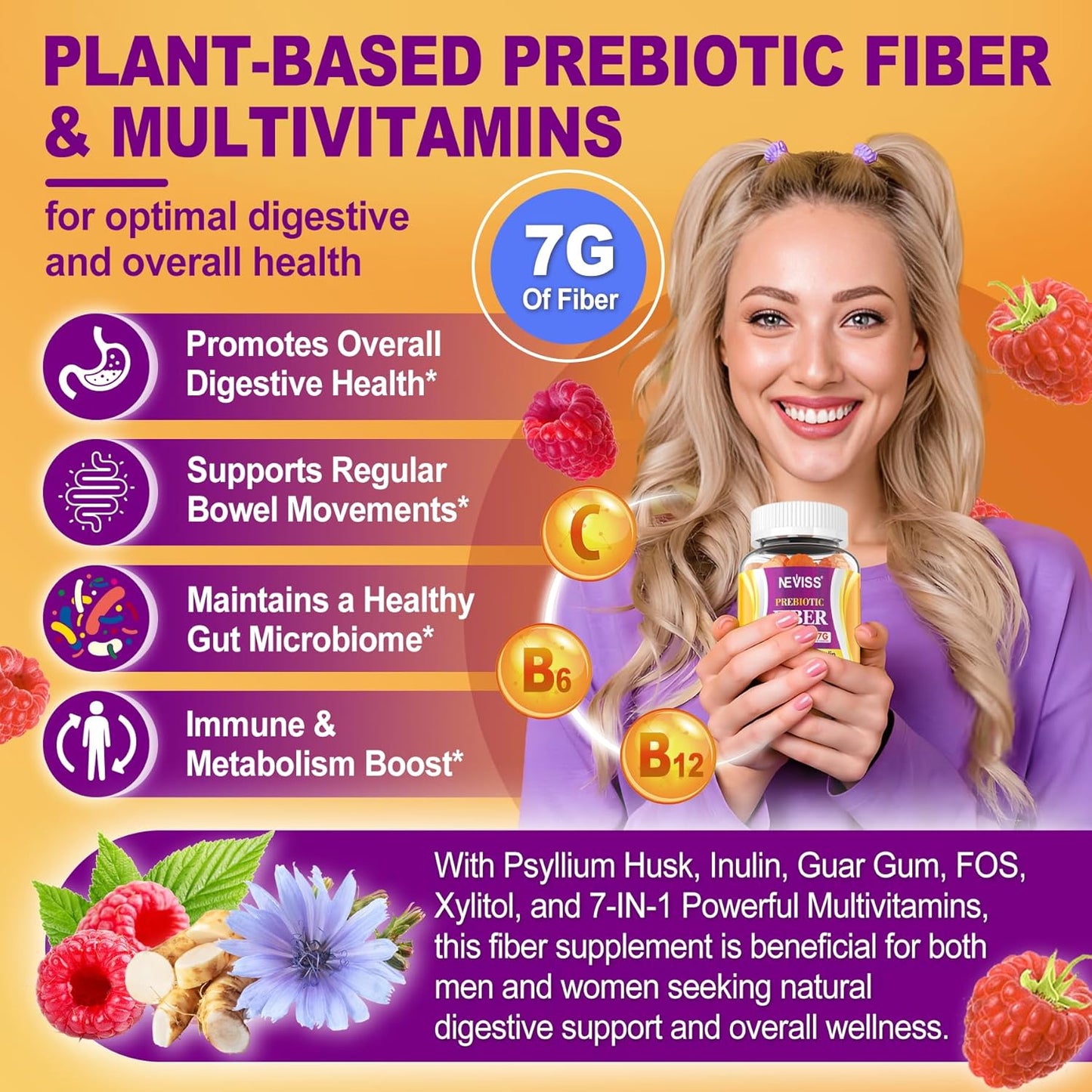 120 Count NEVISS Prebiotics Fiber Gummies + 60 Count Glutathione Gummies: Gut Health and Antioxidant Support