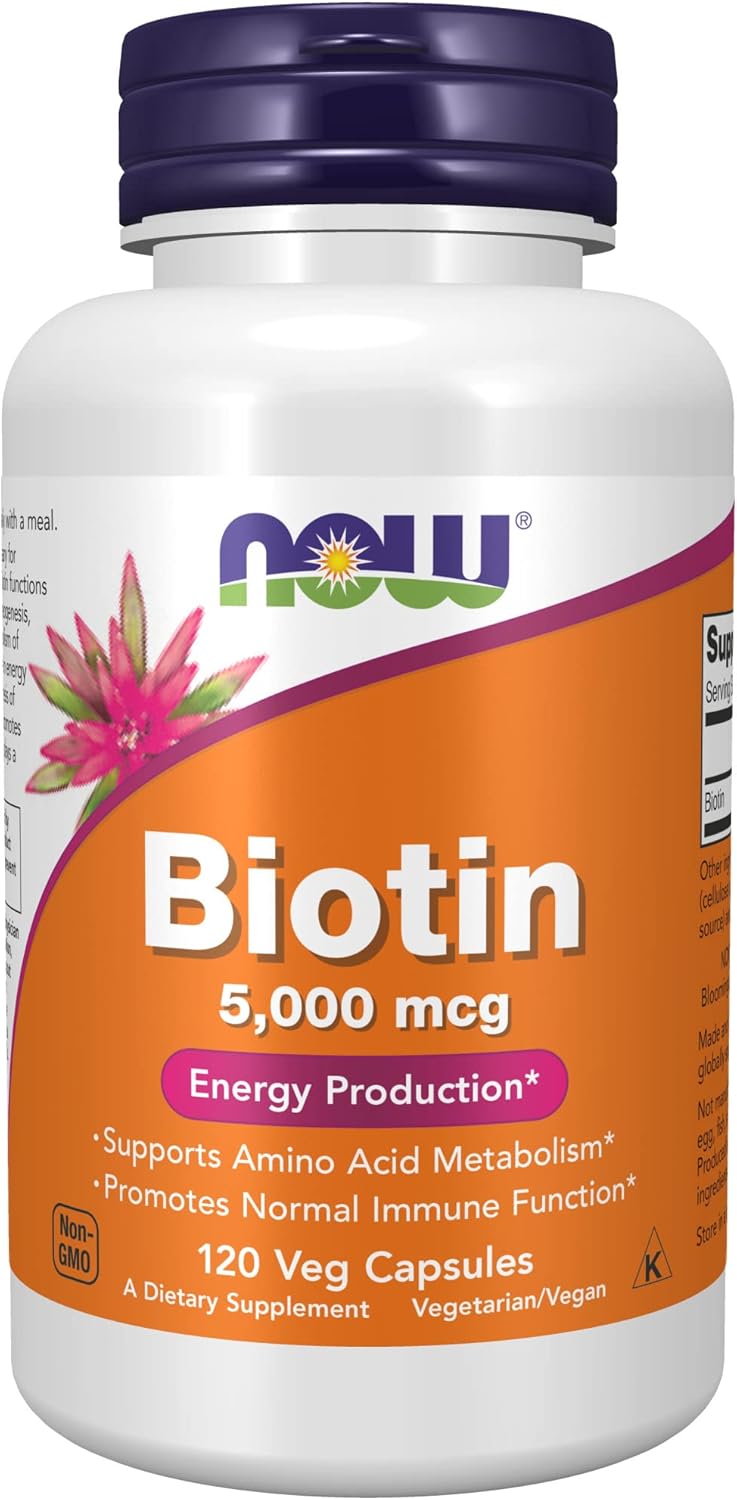 120 Count NOW Foods Biotin 5000 mcg Capsules for Hair, Skin, and Nails
