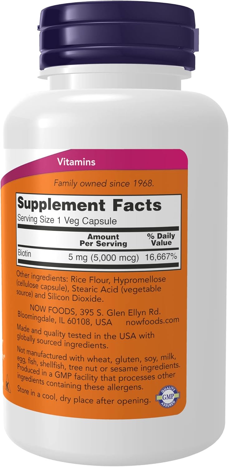 120 Count NOW Foods Biotin 5000 mcg Capsules for Hair, Skin, and Nails