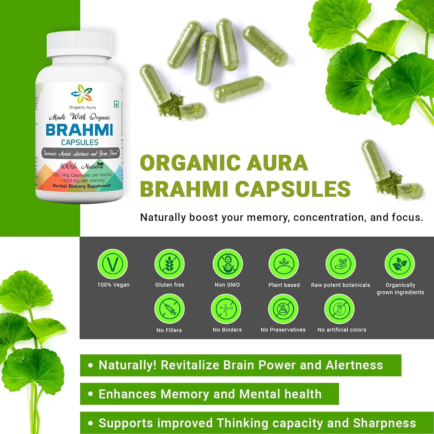 120 Count Organic Aura Brahmi Capsules for Immunity & Memory. Non GMO, Gluten Free Whole Green SuperFood. Boost Strength Naturally.