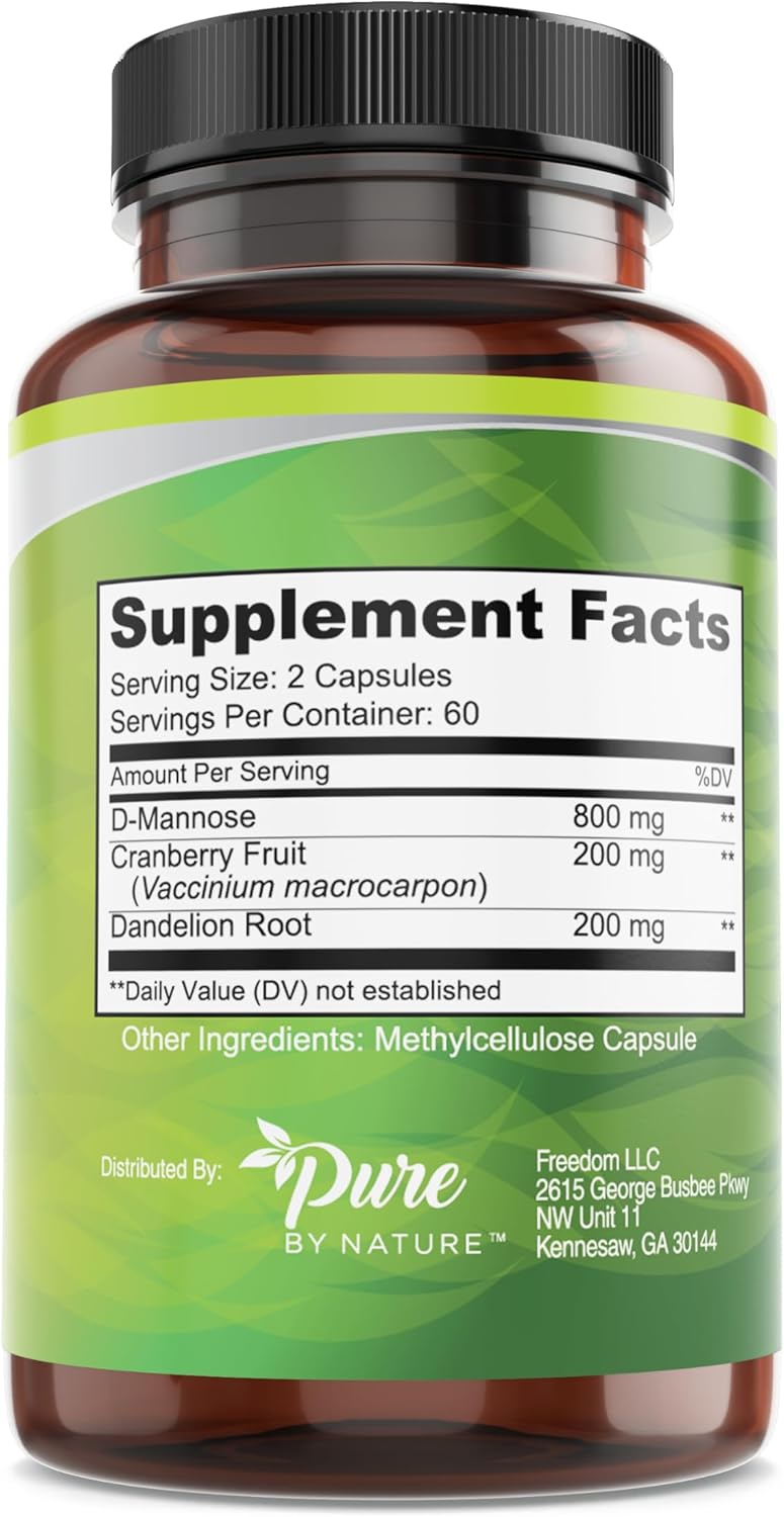 120 Count Pure By Nature D-Mannose Supplement with Cranberry and Dandelion Root for Urinary Health