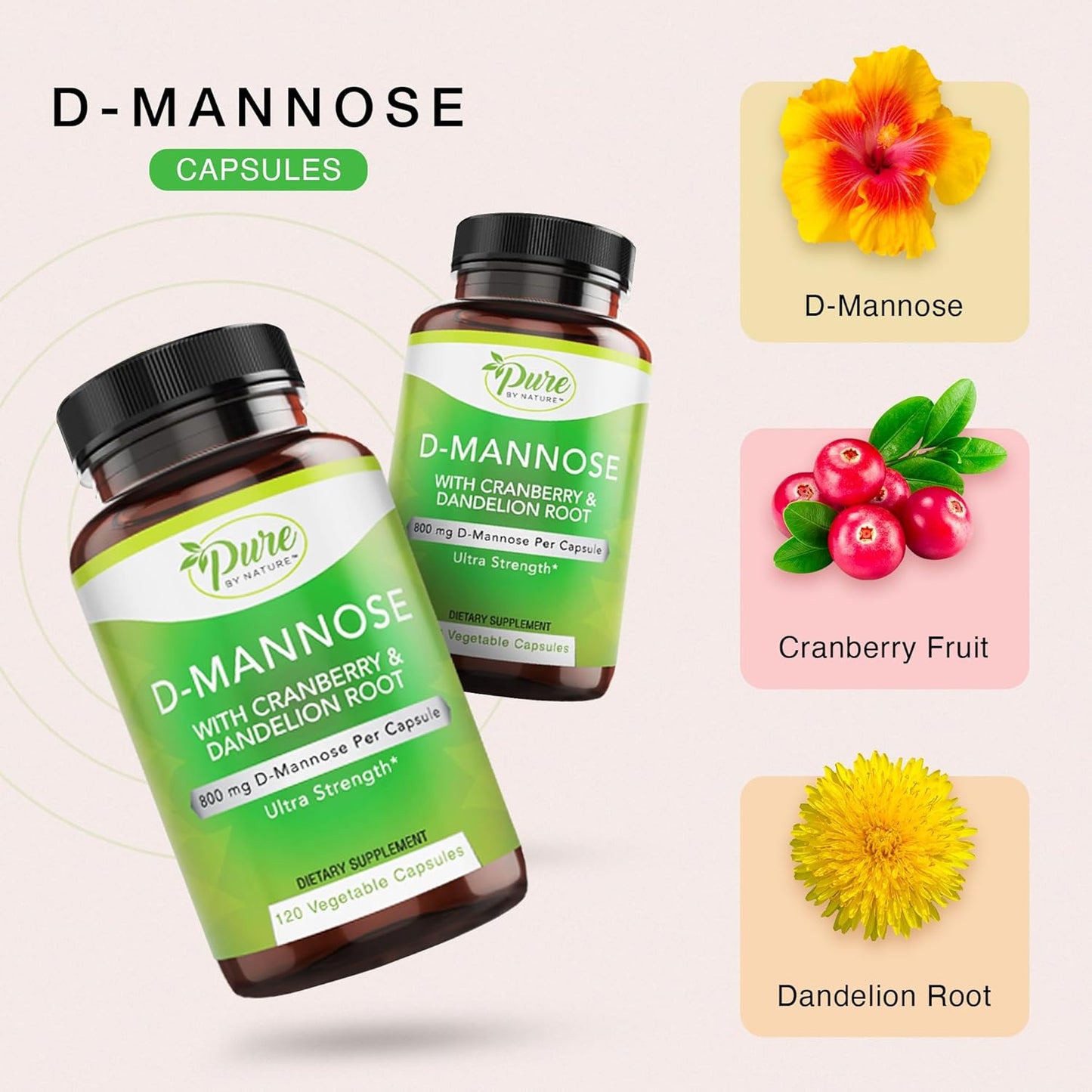 120 Count Pure By Nature D-Mannose Supplement with Cranberry and Dandelion Root for Urinary Health