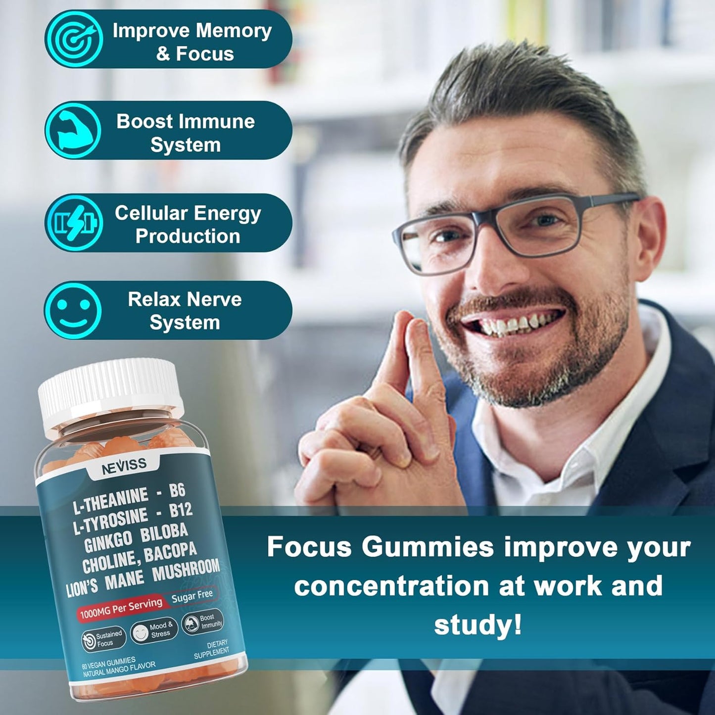 120 Count Sugar Free L-Tyrosine L-Theanine Gummies with D3 5000IU K2 Gummies for Focus and Immune Support