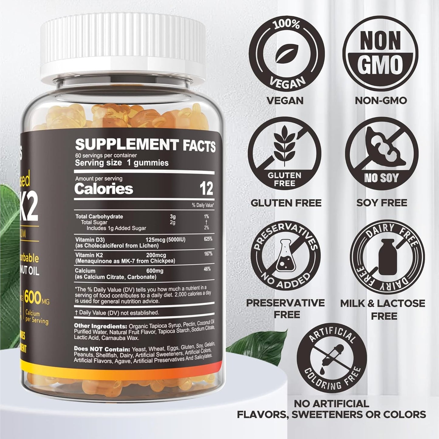 120 Count Sugar Free L-Tyrosine L-Theanine Gummies with D3 5000IU K2 Gummies for Focus and Immune Support