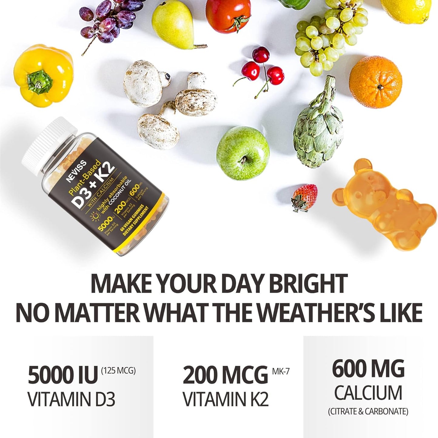 120 Count Sugar Free L-Tyrosine L-Theanine Gummies with D3 5000IU K2 Gummies for Focus and Immune Support